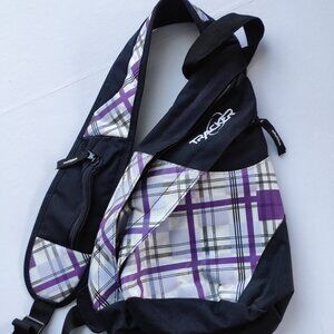 Tracker cross body bag / backpack black with purple white checkered design